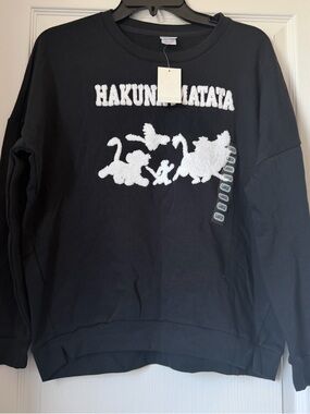 New Disney Jr Hakuna Matata Black Crewneck Sweatshirt with White Puff Graphics